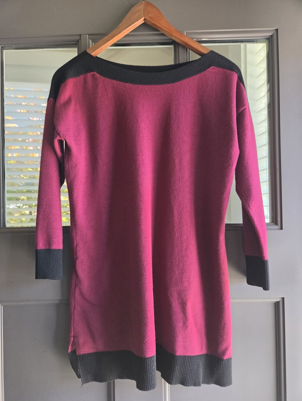 Cable & Gauge Burgandy Colorblock Boatneck Tunic Sweater 3/4 Sleeve M